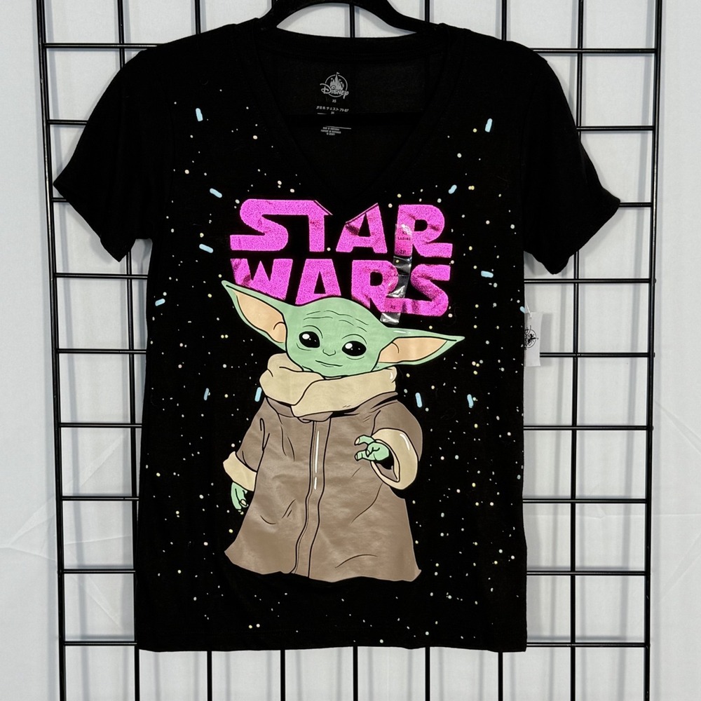 Disney Star Wars Baby Yoda T-Shirt Womens XS Black NWT Mandalorian V-Neck